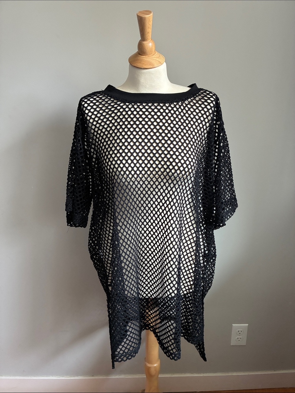 Black Mesh Tunic Cover-Up with Open Knit